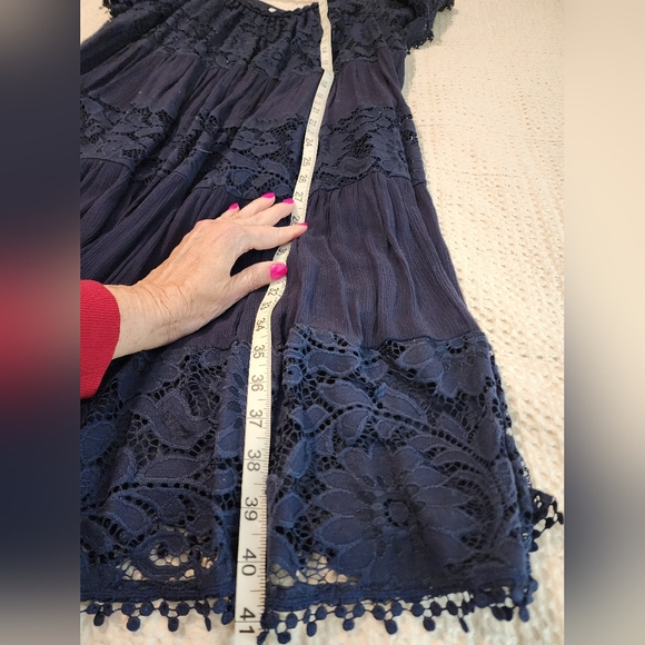 Robbie Lee Navy Blue Lace Dress Bare Shoulder Playful Chic 1X Romantic Sexy - Picture 11 of 13